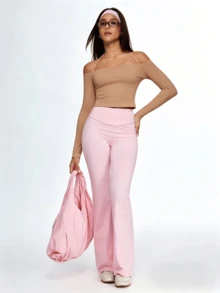 Eassivo Eassivo Solid Color Off-Shoulder Halter Neck Sports T-Shirt - Camel - View 6