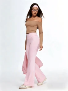 Eassivo Eassivo Solid Color Off-Shoulder Halter Neck Sports T-Shirt - Camel - View 7