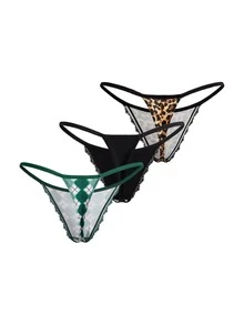 AltBold 3pcs/Set Women's Lace Patchwork Printed Thong Panties - Multicolor - View 2