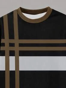 SHEIN 男童 2 件套套裝：條紋馬匹印花 T 恤與工裝長褲，黑棕對比色，圓領短袖 - 彩色 - 查看 4