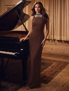 Anewsta Affair Women's Winter Elegant Formal Brown Stand Collar Rhinestone Sleeveless Fitted Backless Long Dress For Wedding Guest Ceremony - Coffee - View 4