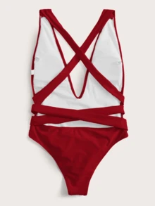 SHEIN Swim Self Tie Plunge One Piece Swimsuit - Red - View 3