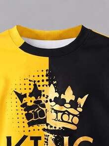 Yellow & Black Contrast Color King Crown Digital Print Casual Fashion Boys Toddler Sweatshirt Top - White - View 4
