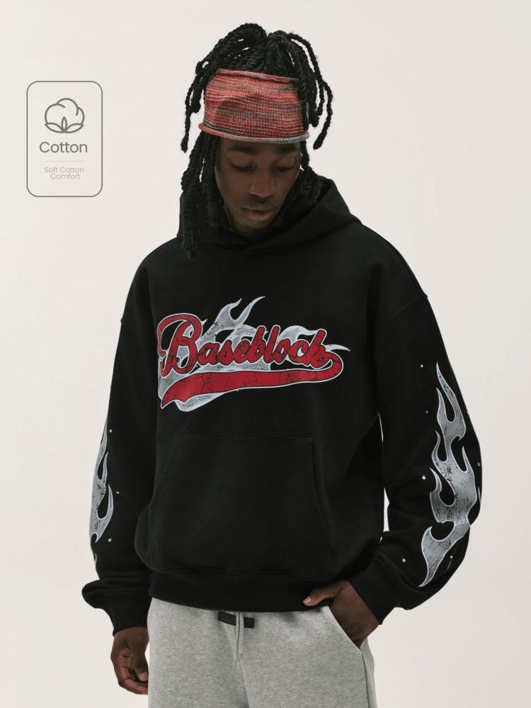 Baseblock Men's Black Y2K Streetwear Short Pullover Hoodie, Vintage Gothic Letter & Flame Sleeve Print With Rhinestones, Front Pocket Long Sleeve Sweatshirt, Casual Outfit For Outings, Concerts, Festivals, Clubs - Multicolor - View 1