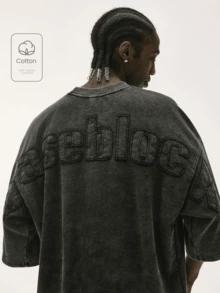 Baseblock Men's Goth Washed Distressed Short Sleeve T-Shirt, Back Large Letter Patchwork Embroidery Design, Dropped Shoulder Loose Boxy Fit, Vintage Stone Washed Charcoal Grey Tone, Street Hip-Hop Style Short Top, Versatile For Daily Wear, Highlighting American Vintage Vibe - Black - View 1
