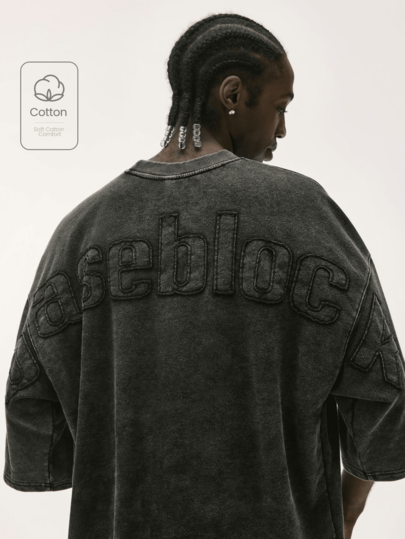 Baseblock Men's Washed Distressed Short Sleeve T-Shirt, Back Large Letter Raw Edge Patchwork Embroidery Design, Dropped Shoulder Loose Boxy Fit, Vintage Stone Washed Charcoal Grey Tone, Street Hip-Hop Style Short Top, Versatile For Daily Wear, Casual Outfit, Highlighting American Vintage Vibe