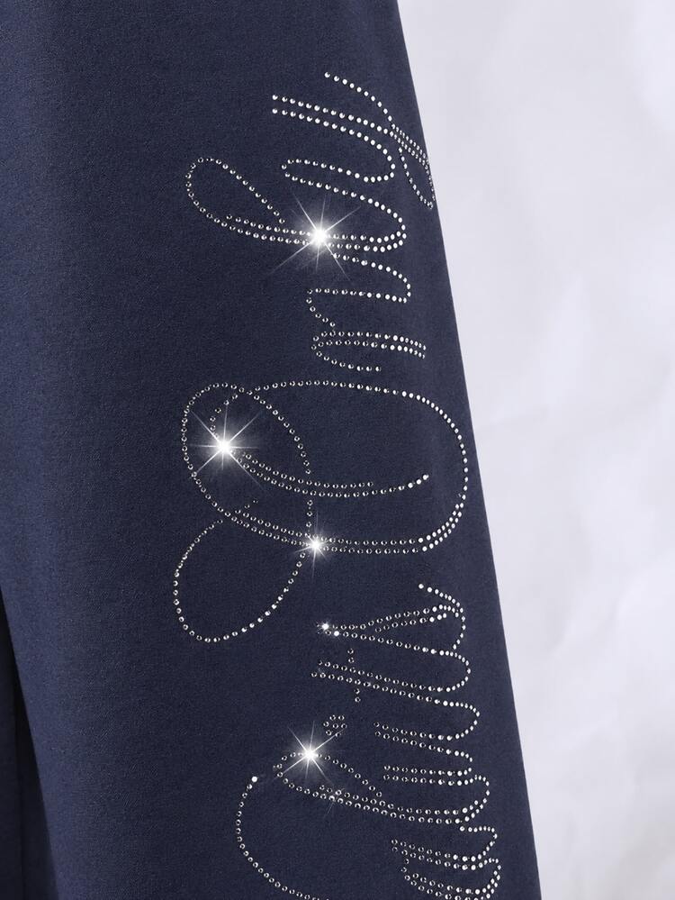 SHEIN Tween Girls Casual Modest Premium Textured Wide Leg Pants With Pockets, Knit, Streetwear, Loose, Fitted, Baggy, Fall Clothes, Halloween, School Sport - Navy Blue - View 7