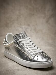 Stuart Weitzman Fashionable Casual Elegant Studded Decorated Sneakers - Silver - View 1