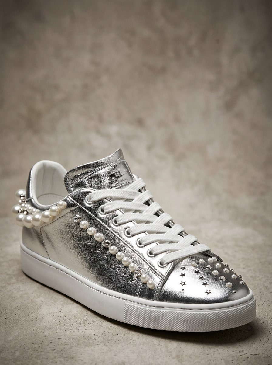 Stuart Weitzman Fashionable Casual Elegant Studded Decorated Sneakers - Silver - View 1