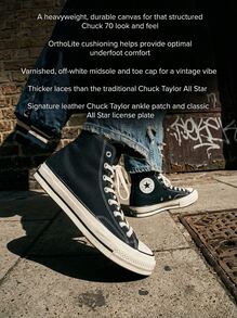 Converse 匡威 Chuck Taylor 70 Hi Classic 男女通用休闲帆布鞋，舒适高帮，支撑性好，耐穿合脚，适合步行、上学、日常穿着，黑色 162050C - 黑色 - 查看 2