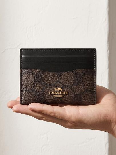 Coach Signature Canvas Slim Card Holder Wallet For Women, Small Wallet Minimalist Compact Credit Card Case, 4 Slots, Refined Pebble Leather, Black