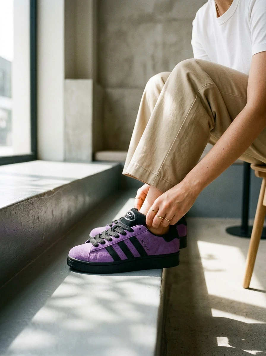 Adidas Campus Hi Og 女款運動鞋,輕量透氣緩震,日常休閒白色 JR5779 - 紫色和黑色 - 查看 1