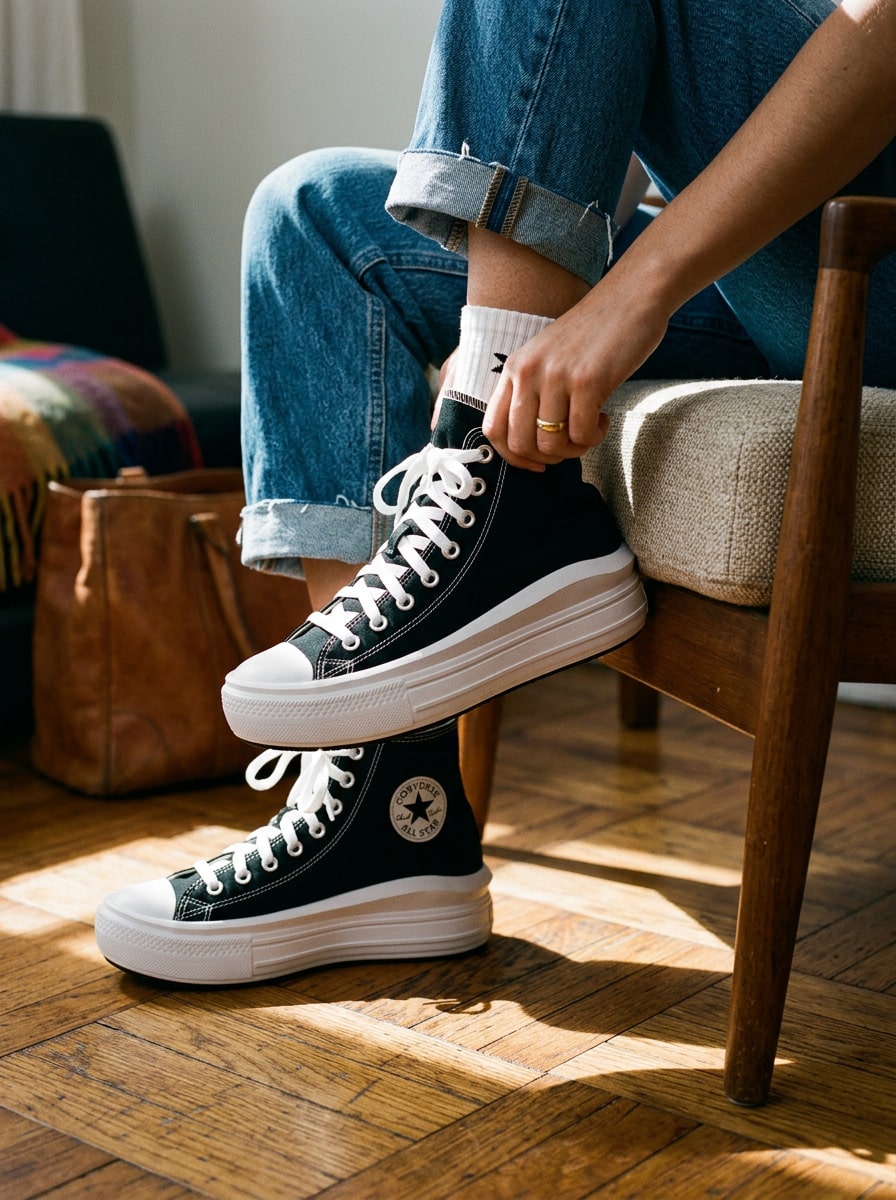Converse Chuck Taylor All Star 高筒厚底女款運動鞋 緩震舒適 百搭日常休閒 黑色 568497C - 黑色/天然象牙色/白色 - 查看 1