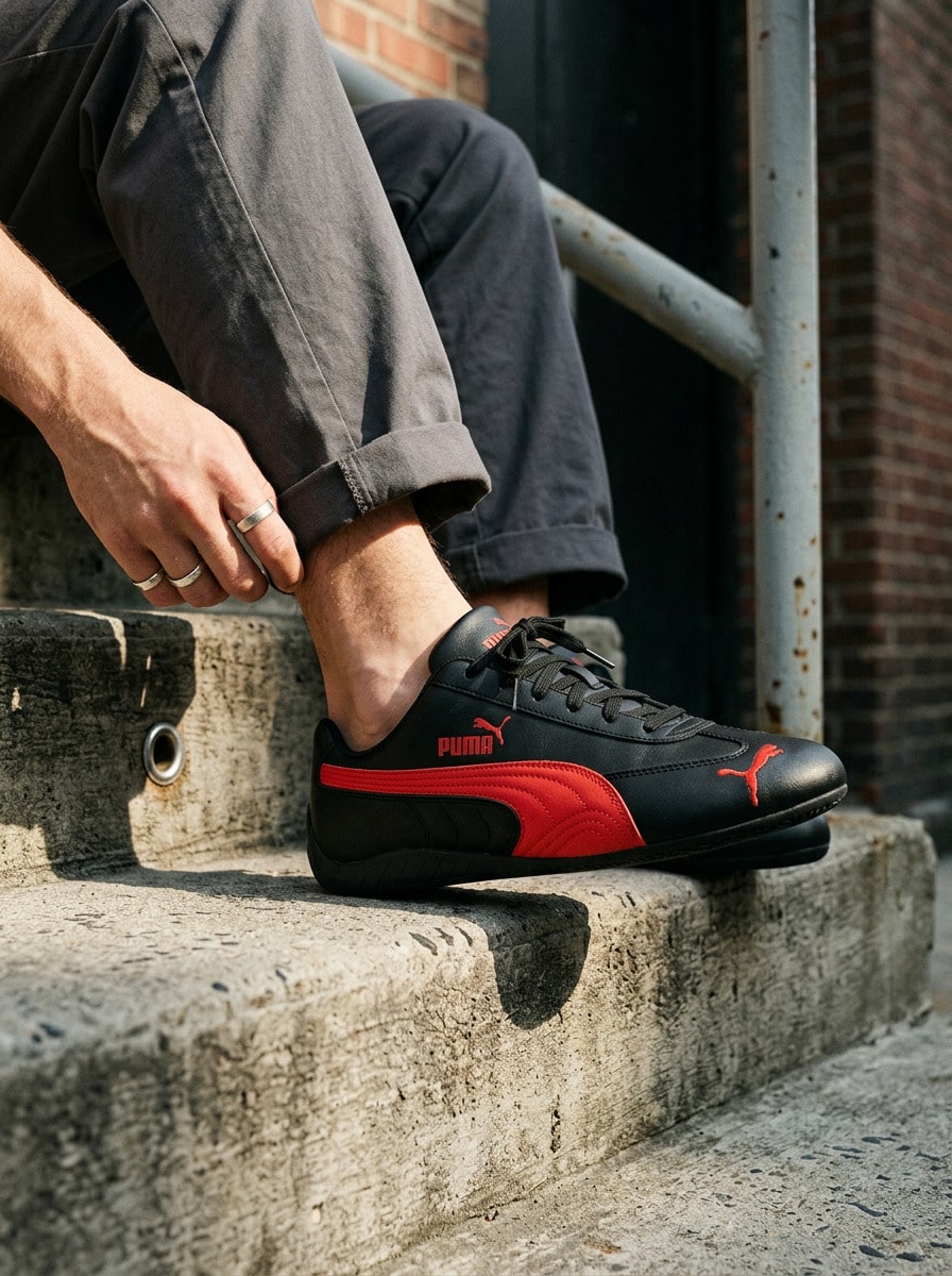 Puma 男女通用红色经典款运动鞋,吸汗透气,轻便百搭,经典Logo,纯色,易洗快干,适合日常穿着、学校运动,黑色/红色,货号:405449-10 - 黑色/紅色 - 查看 1