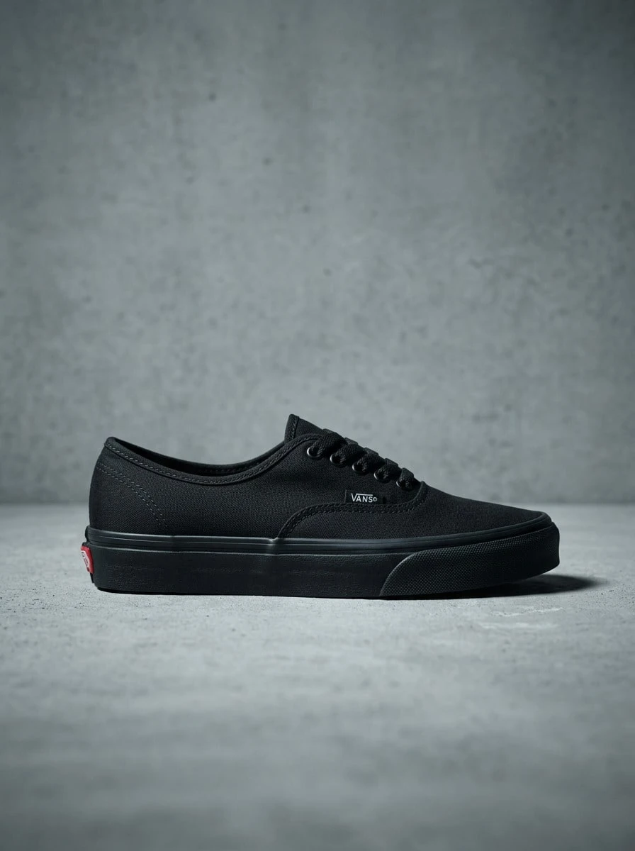 Vans Authentic 黑色女式运动鞋,经典低帮鞋型,纯色帆布鞋面,穿着舒适,运动风格,适合步行、运动和休闲活动。 - 黑色 - 查看 1