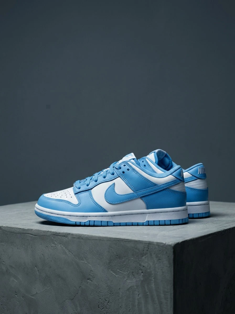 Nike Dunk Low GS UNC 2021 年级运动鞋光滑皮革大学蓝白色透气鞋头 CW1590-103 - 大學藍 - 查看 1