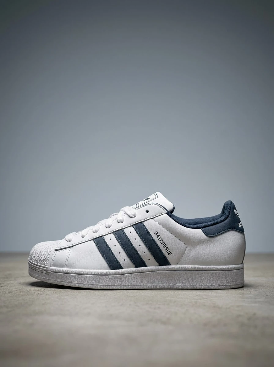 Adidas Superstar 女款運動休閒鞋,輕量透氣緩震,適合運動與校園穿著,黑色 JQ3199 - 白色/海軍藍 - 查看 1