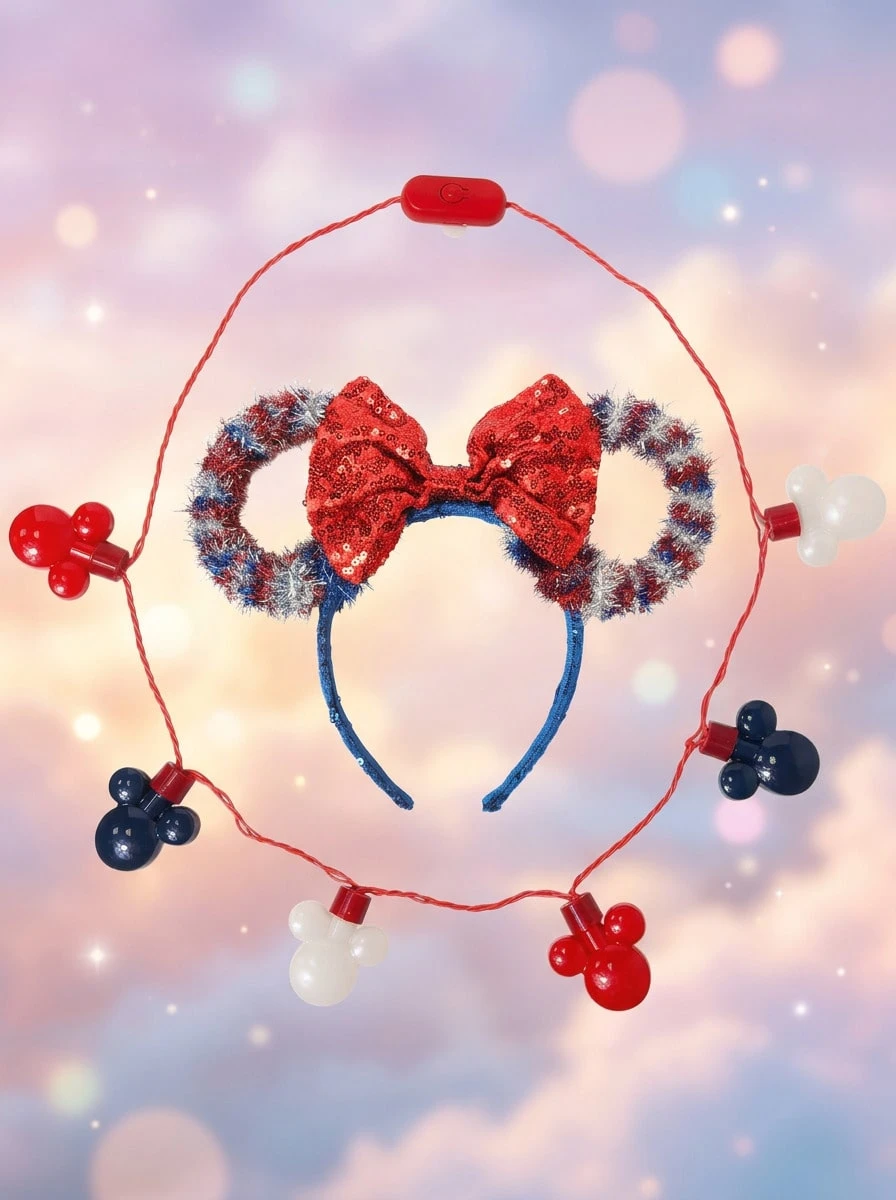 Disney Minnie Mouse Patriotic Ears Headband&Light-Up Necklace Set – Festive Patriotic Ears Headband With LED Light-Up Necklace, Back To School Outfits - Multicolor - View 1