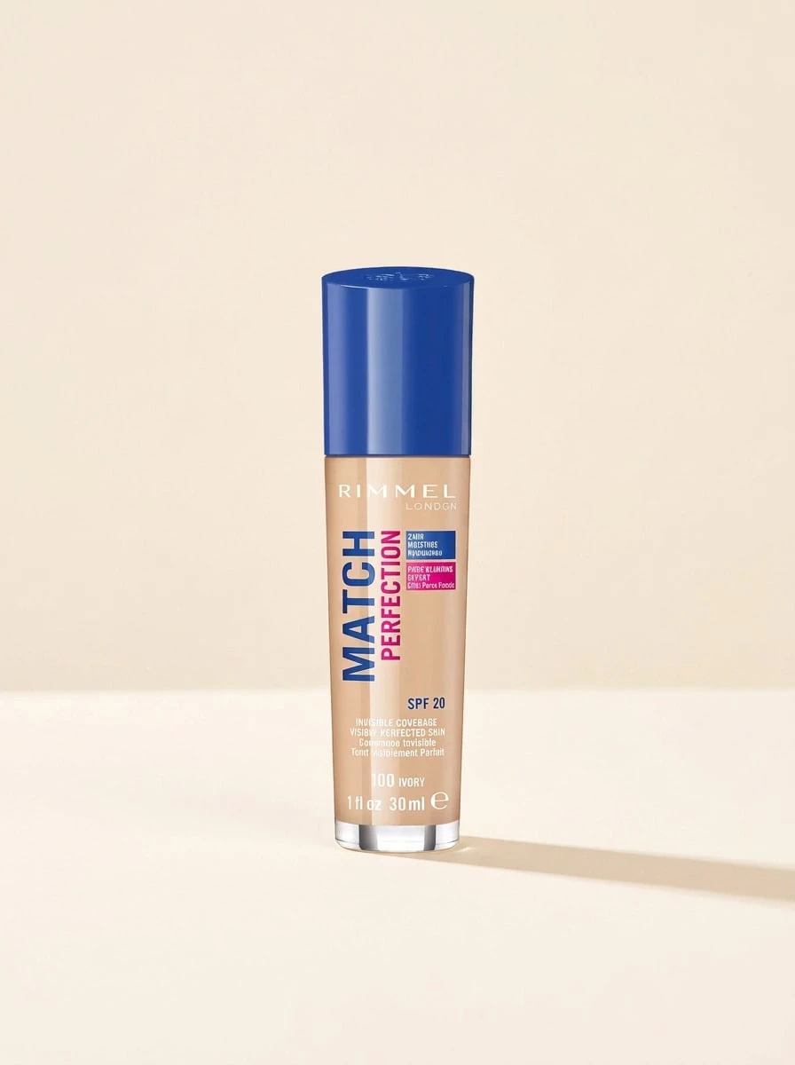 Rimmel Match Perfection Foundation Ivory 100 Neutral 30 Ml – Liquid Foundation, Invisible Coverage, For Women, Ivory 100, SPF 20, Suitable For Daily Makeup Routine - 100 Ivory - View 1