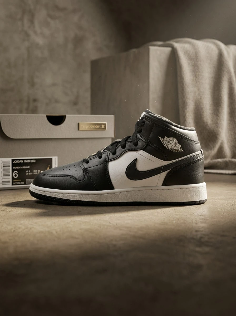 Jordan Air Jordan 1 Mid 女款運動鞋,輕量透氣緩震,日常休閒,黑色 DQ8423-010 - 黑色/峰白/暗黑 - 查看 1