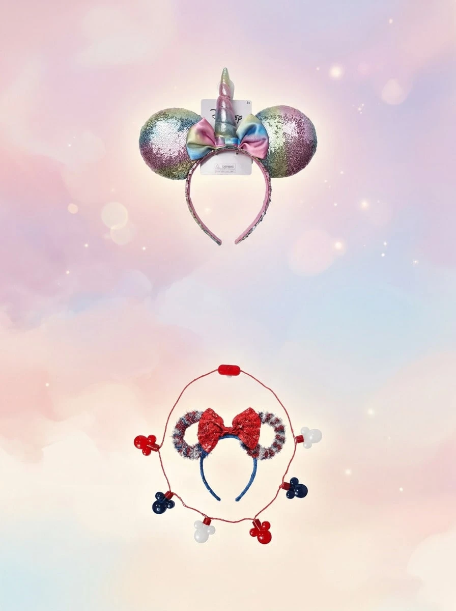 Minnie [組合省錢] 迪士尼米妮老鼠亮片耳飾髮箍搭配獨角獸角 & 愛國風耳飾髮箍 & 發光項鍊套裝組合 – 輕量可調節，舒適貼合，閃亮亮片，服裝配件，兒童飾品，適合兒童的完美禮物，米妮老鼠粉絲禮物，生日派對 & 度假紀念品 - 彩色 - 查看 1