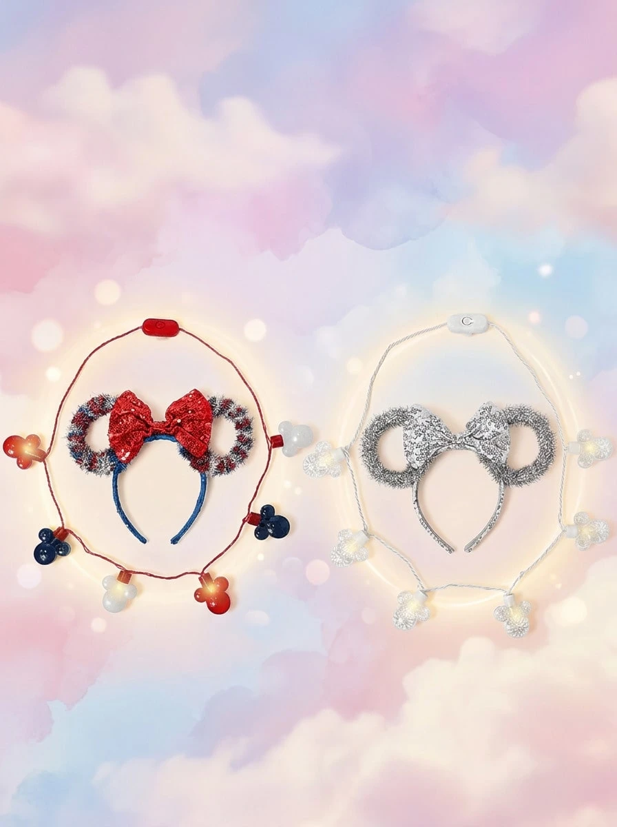 Minnie [組合省錢] Disney 米妮老鼠愛國風耳飾髮箍 & 發光項鍊套組 & 銀色耳飾髮箍 & 發光項鍊套組組合包 – 耐用兒童材質、易於佩戴、LED發光、服裝配件、兒童飾品、適合兒童的完美禮物、米妮老鼠粉絲禮物、生日派對 & 度假小禮 - 彩色 - 查看 1