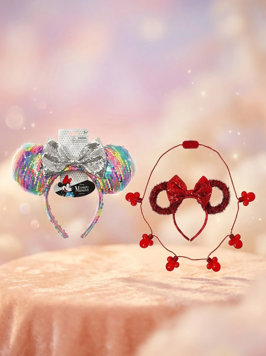 Minnie [組合省錢] 迪士尼米妮滑鼠髮飾蝴蝶結 & 紅色耳朵髮箍 & 發光項鍊套裝組合 – 防滑固定、舒適全天佩戴、安全夾扣設計、髮飾配件、服裝配件、兒童完美禮物、米妮滑鼠粉絲禮物、生日派對 & 度假伴手禮 - 彩色 - 查看 1