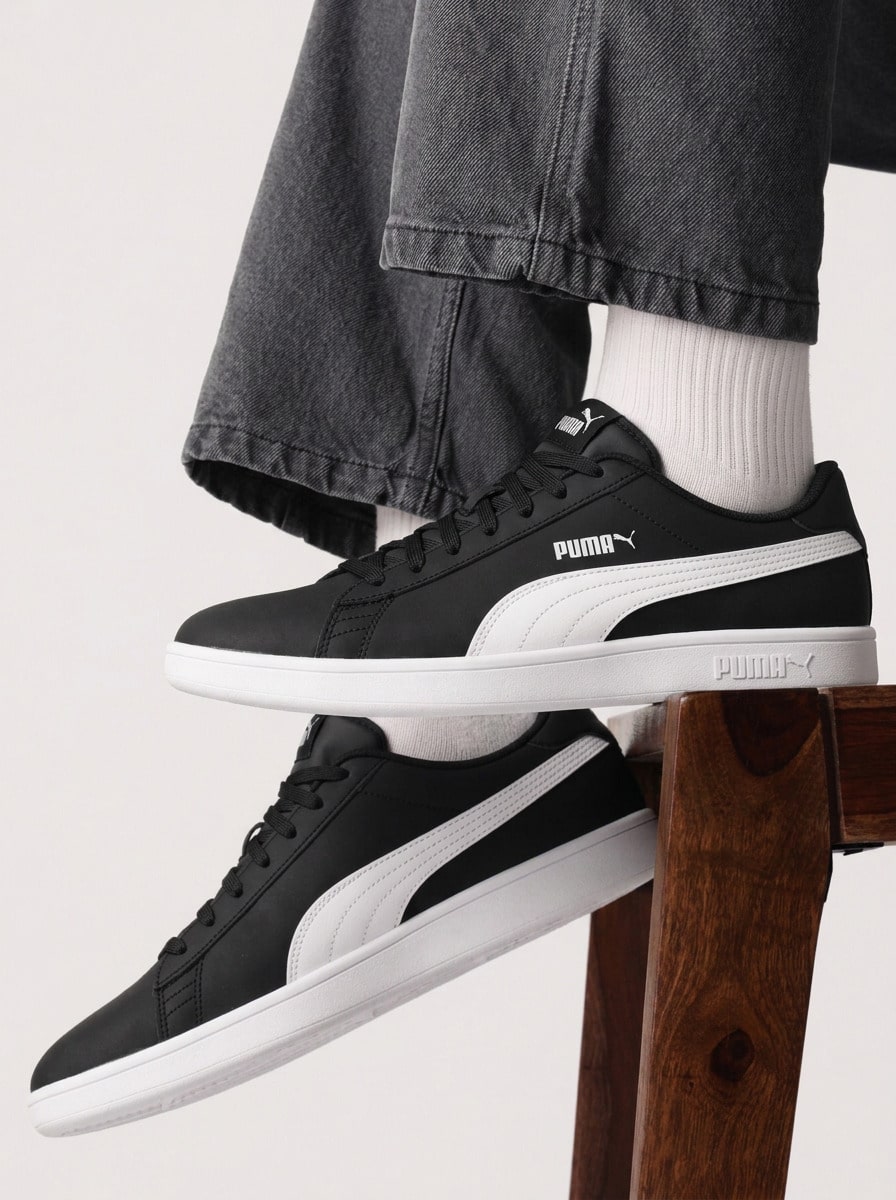 Puma SMASH Men's Casual Athletic Shoes Heritage Flexible Rubber Outsole Street Style Running School Black 392336-01 - Black White - Visualizzare 1