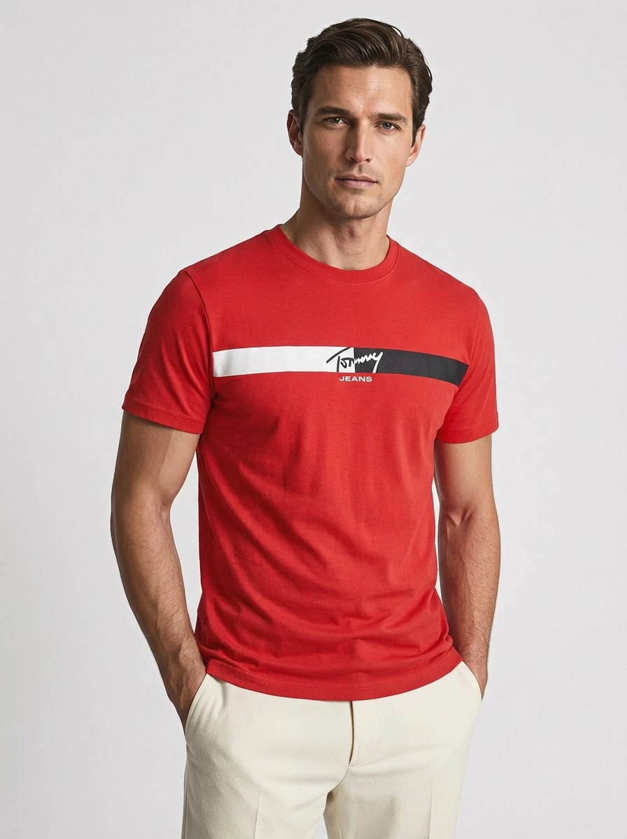 Tommy Hilfiger TOMMY JEANS Men's T-Shirts Moisture-Wicking Breathable Classic Fit Travel Daily Weekend Red DM0DM22539-XL8 - Rapid Red - View 1