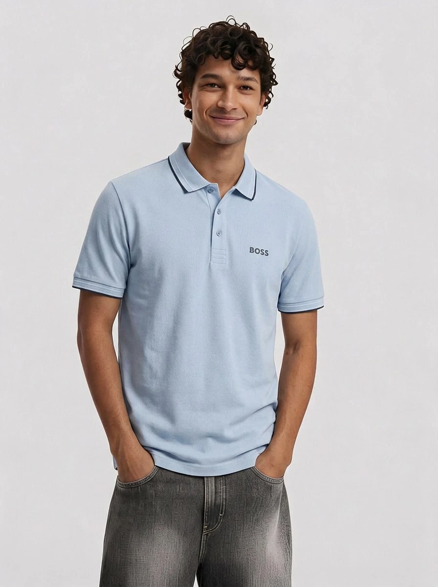 Hugo Boss 男式字母图案条纹 Polo 衫 - 淺藍色 - 查看 1