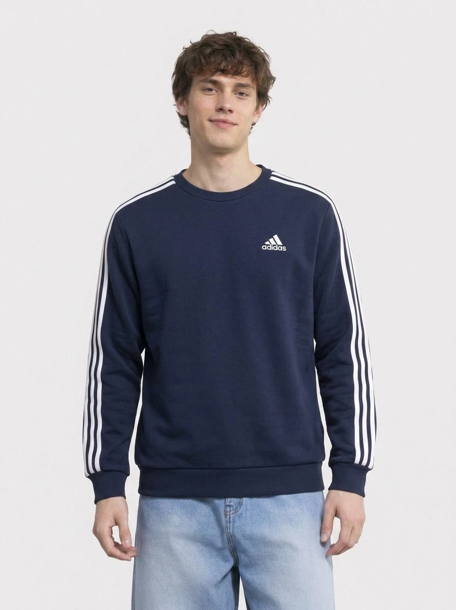 Adidas بلوزة رياضية رجالية أساسية ذات 3 خطوط باللون الأزرق الداكن - أزرق بحري - مشاهدة 1