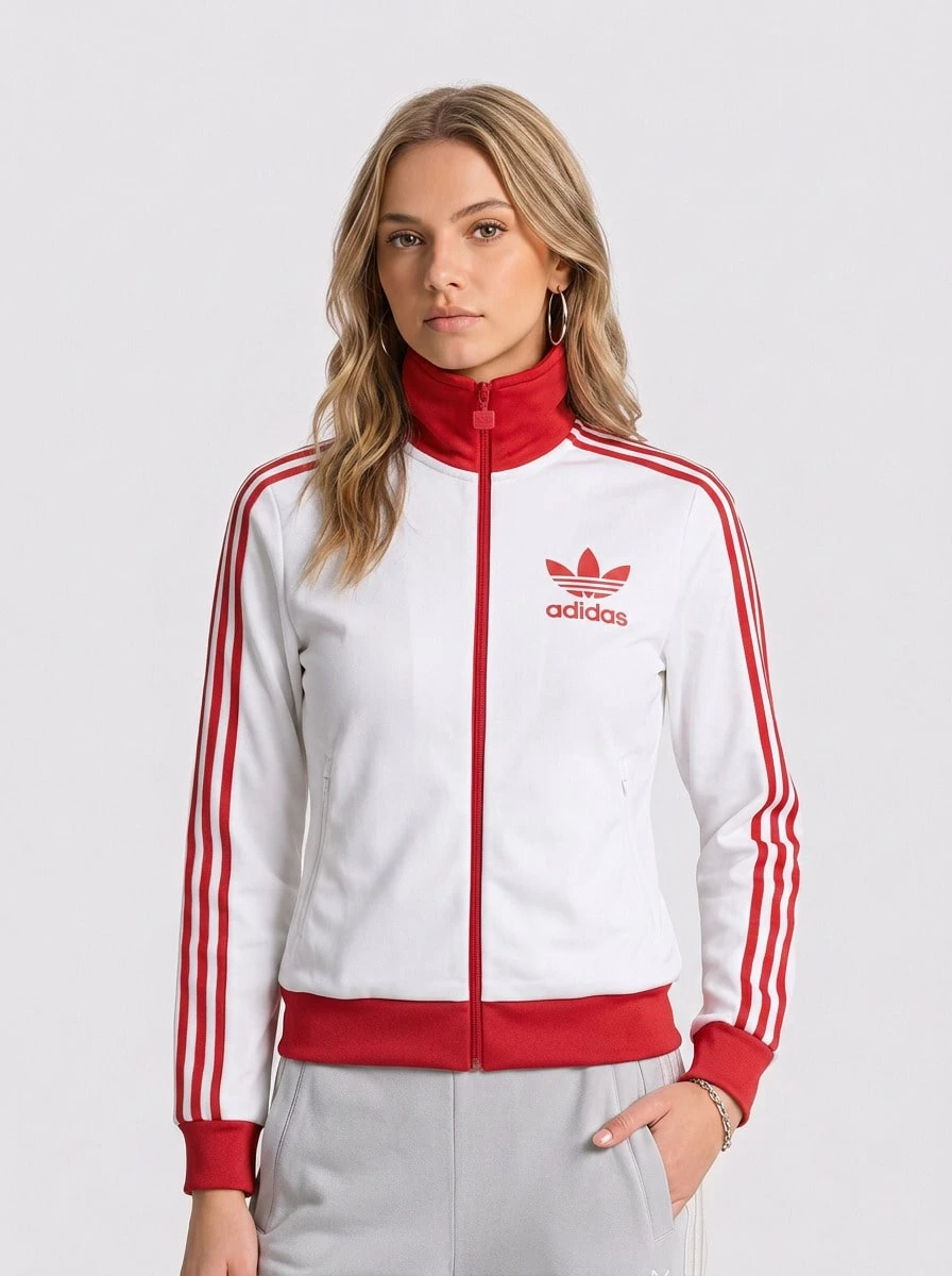 Adidas CLASSIC TT WOMEN FULL ZIP SWEATSHIRT RED AND WHITE JX7849 - 紅白色 - 查看 1