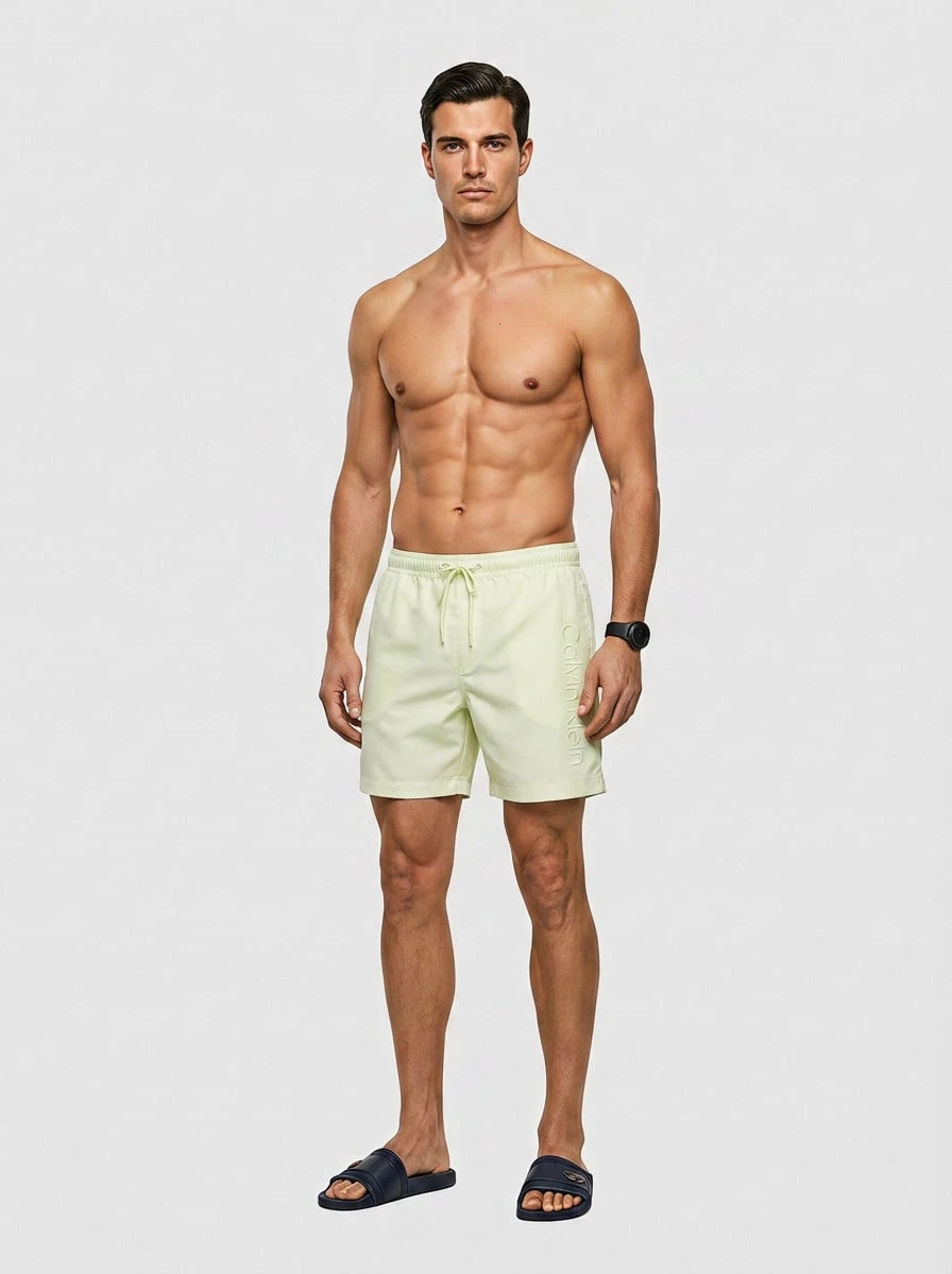 Calvin Klein 男士纯色抽绳腰泳裤沙滩短裤 - Light Green - 查看 1