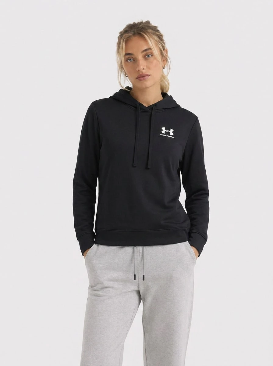 Under Armour Rival 女士黑色套头连帽衫 - Black / / White - 查看 1