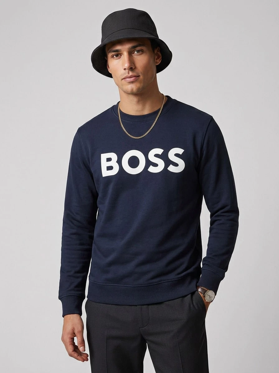 Hugo Boss 男士休闲圆领长袖套头衫,百搭 - 404深藍色 - 查看 1