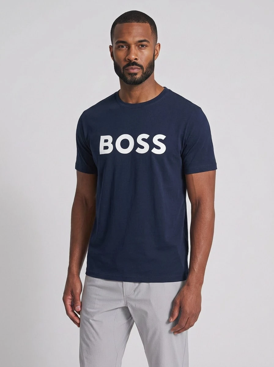 Hugo Boss Men's Letter Print Round Neck Short Sleeve Casual Versatile T-Shirt - 404 Dark Blue - View 1