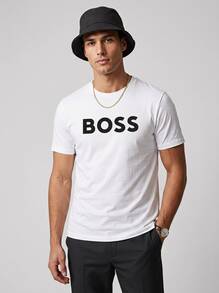 Hugo Boss 男士字母图案圆领短袖休闲百搭T恤 - 100 白色 - 查看 1