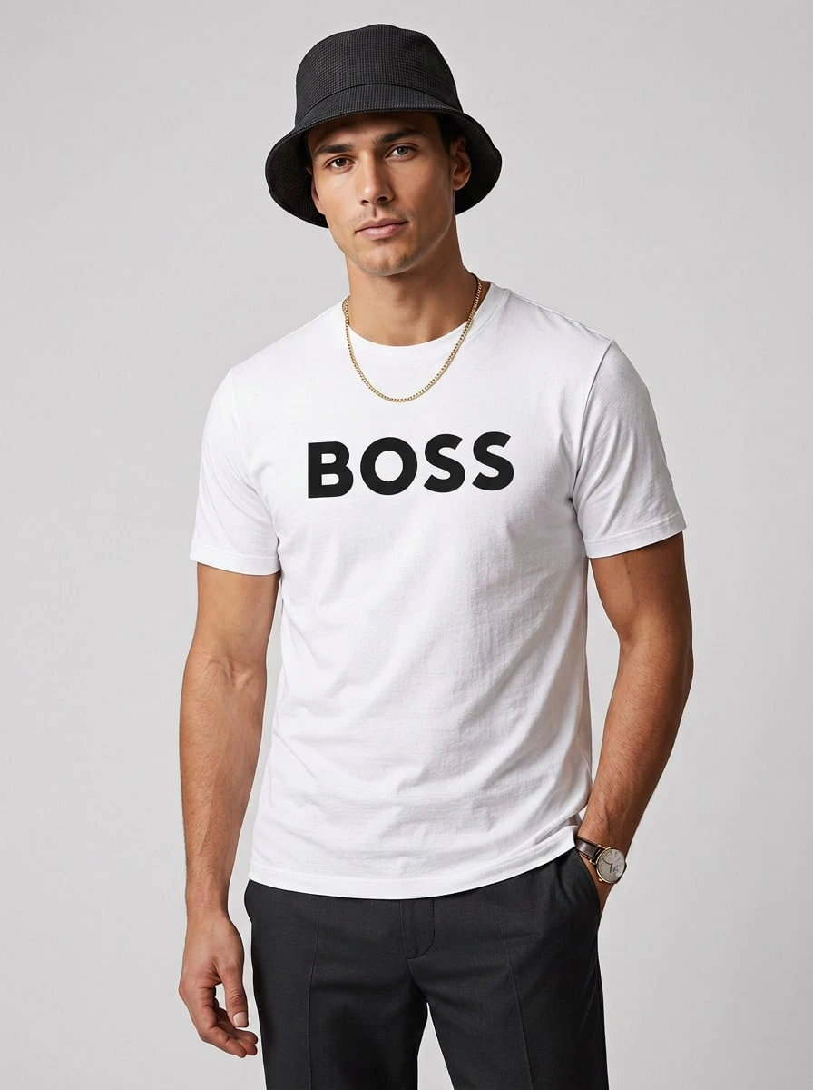 Hugo Boss 男士字母图案圆领短袖休闲百搭T恤 - 100 白色 - 查看 1