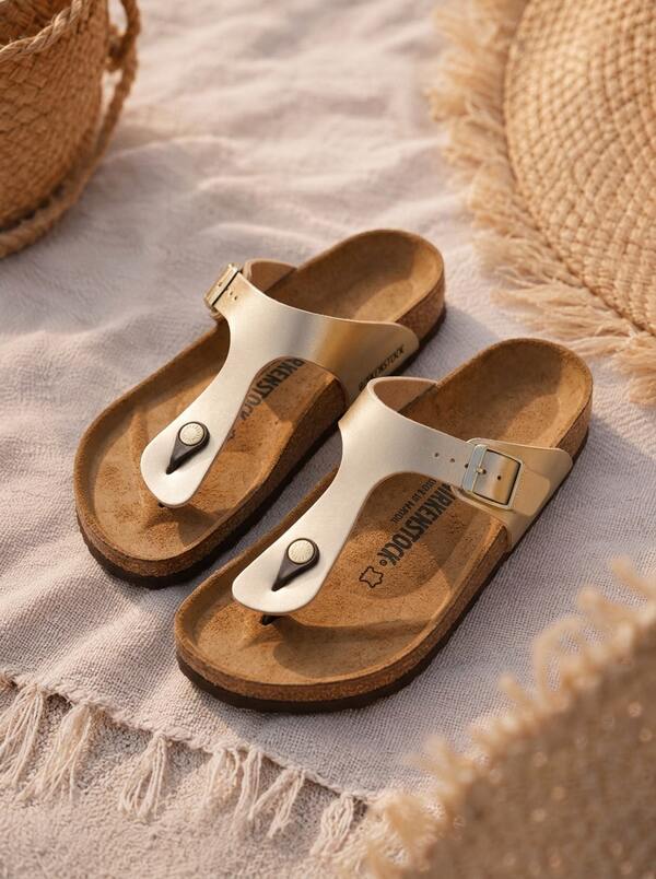 Birkenstock صنادل نسائية جيزة بيركو-فلور (عادية) باللون الذهبي