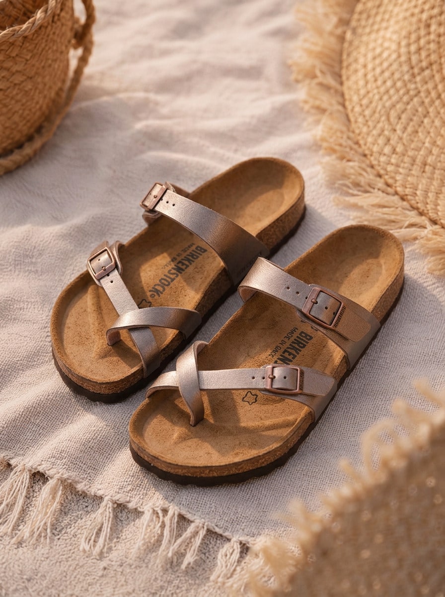Birkenstock صنادل نسائية ماياري بيركو-فلور (عادية) أنيقة باللون الرمادي الداكن - بيج - مشاهدة 1