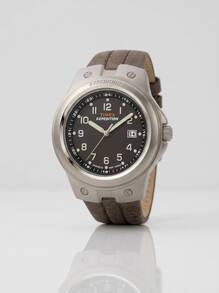 Timex Men's Leather Strap Quartz Watch Black Analog Dial Waterproof 100M T49631 Back To School Essential Iced Out Campus Style Perfect Gift - Brown/Silver/Black - View 1