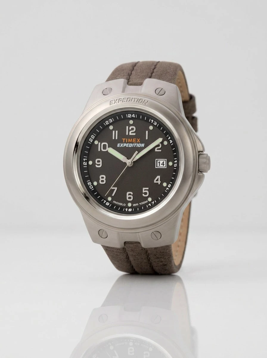 Timex Men's Leather Strap Quartz Watch Black Analog Dial Waterproof 100M T49631 Back To School Essential Iced Out Campus Style Perfect Gift - Brown/Silver/Black - View 1