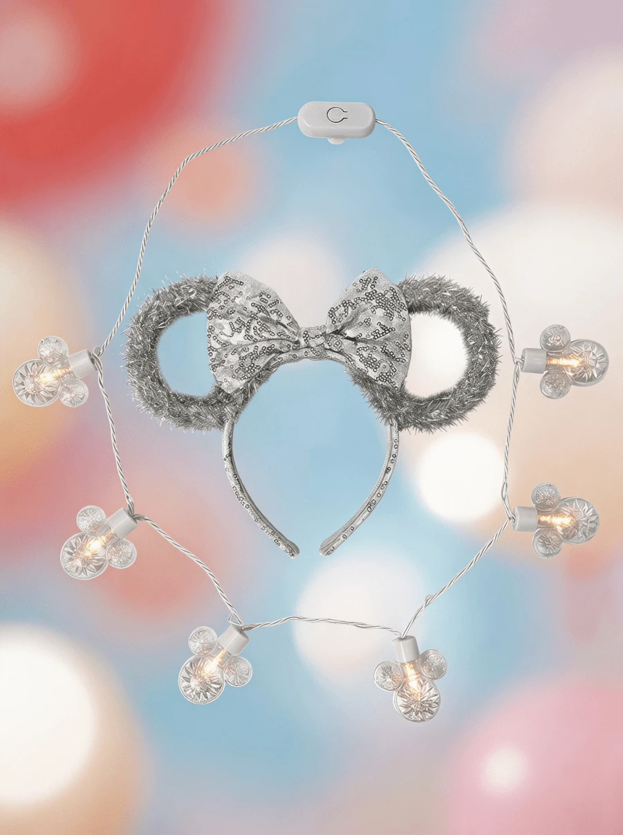 Disney Minnie Mouse Silver Ears Headband&Light-Up Necklace Set – Sparkling Silver Ears Headband With LED Light-Up Necklace, Back To School Outfits - Multicolor - View 1