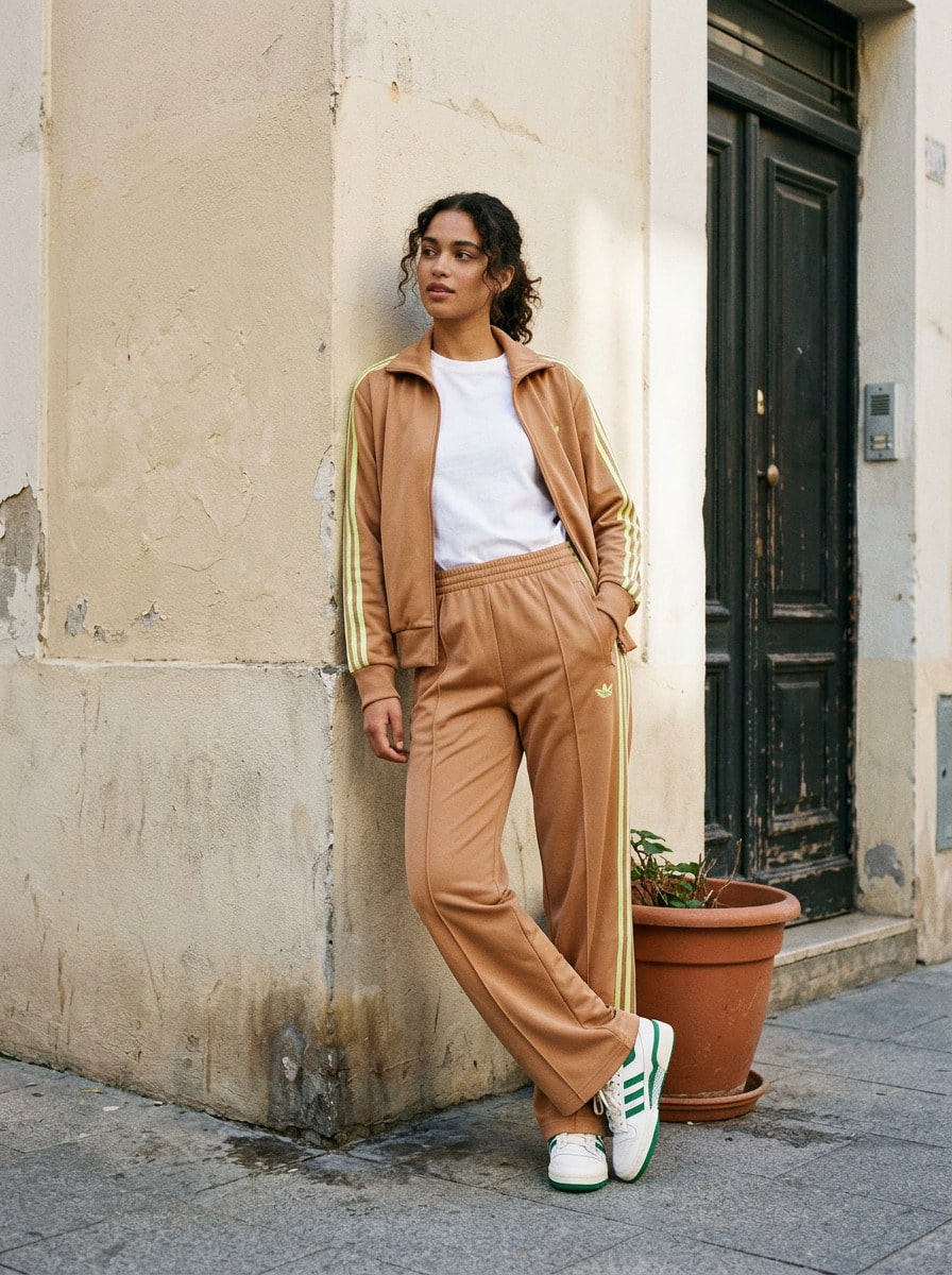 Adidas بنطال رياضي نسائي فضفاض Adicolor Classic Firebird باللون البيج - بني فاتح - مشاهدة 1