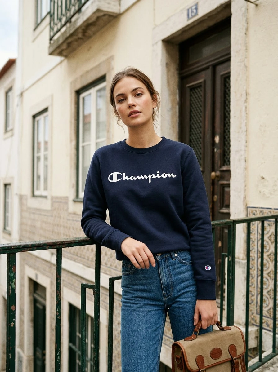Champion بلوزة رياضية خفيفة الوزن بياقة دائرية للنساء باللون الأزرق الداكن - أزرق بحري - مشاهدة 1