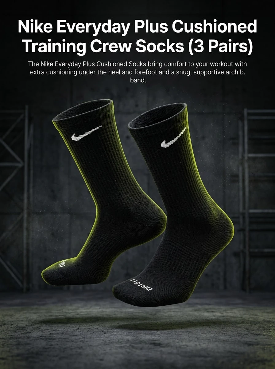 Nike Everyday Plus Unisex Cushioned Training Crew Socks Breathable SX6888-010 - Black - View 1