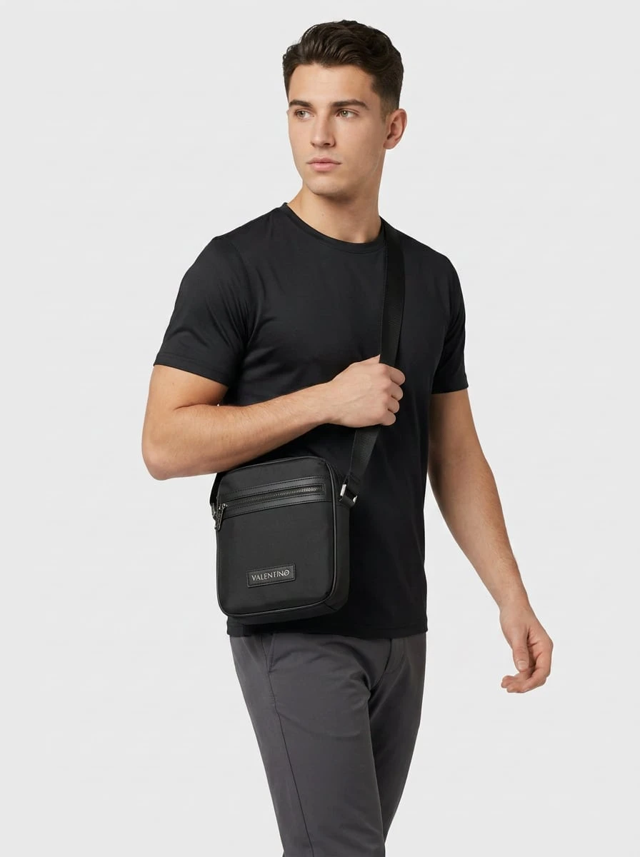 Valentino Bags Men's Bag Black Spacious Interior Adjustable Strap VBS7CN20-NIKRE-BLK City Walk Weekend Outing Work Year-Round Essential Polyester Leather Polyurethane - Black - View 1