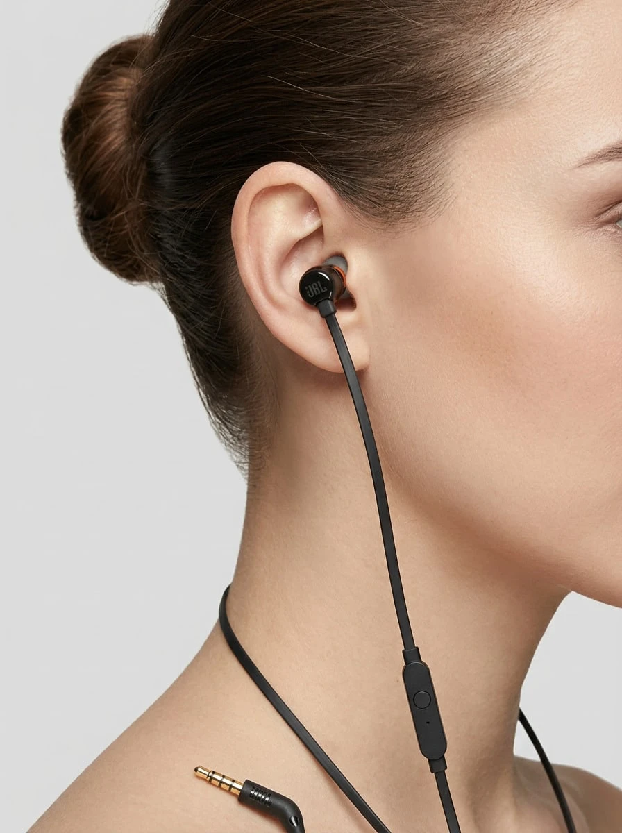 JBL Tune 110 In-Ear Headphones, Pure Bass Sound, Built-In Microphone, Comfortable Fit, Black - Black - View 1