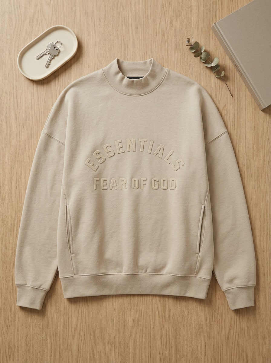 Essentials Men Crewneck Sweatshirt Breathable Versatile Warm Daily Gym Beige 192SP232045F - Khaki - View 1