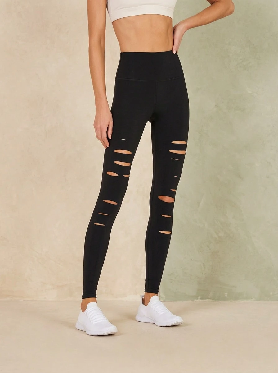 Alo Yoga Leggings HIGH WAIST RIPPED WARRIOR Sweat Absorption Breathable Lightweight Solid Good Elasticity Easy To Wash Gym Outdoor Women Black W5555R - BLACK - View 1